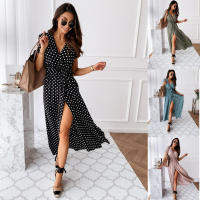 Vestido boho con cuello en V de lunares de verano, manga corta, falda larga, estampado de lunares - details 1