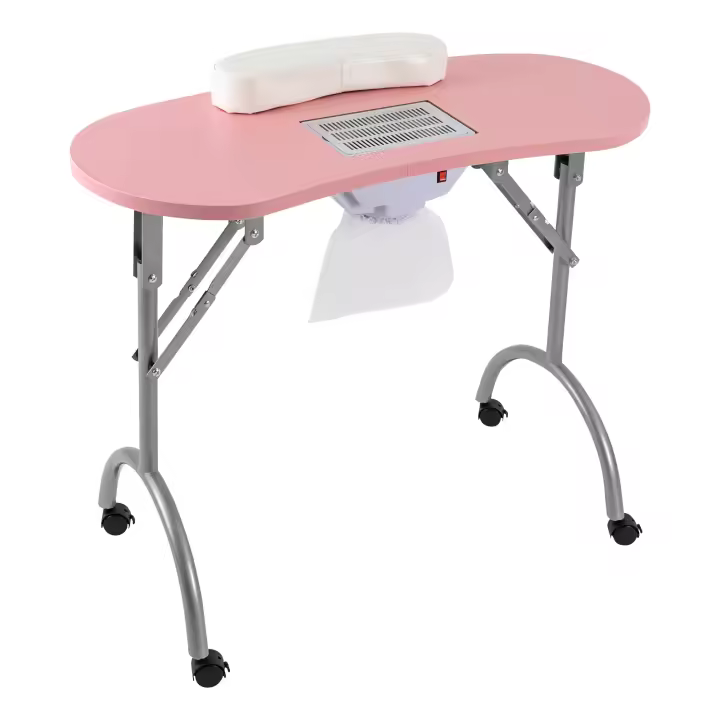 MESA DE MANICURA portátil, escritorio plegable para uñas, salón de belleza, Spa con ruedas y Bolsa, color rosa - 1