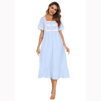 Pijamas para mujer, ropa de dormir con cuello cuadrado, camisón de manga corta, vestido mixto de encaje - details 6