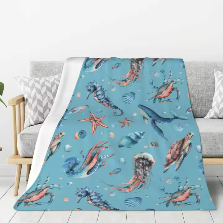Manta Suave y Ligera de Animales Marinos Ideal para Cama y Sofá Diseño de Cangrejo, Ballena, Octopus, Caballo de Mar Ropa de Cama y Baño - 1