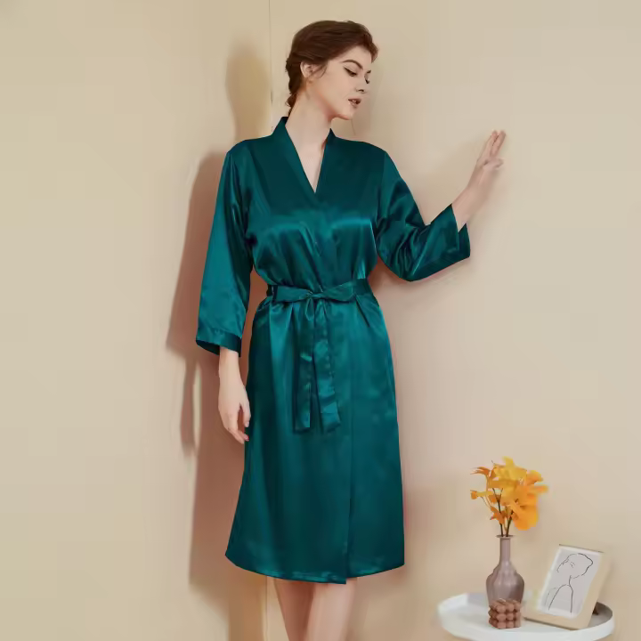 Pijamas de satén para el hogar para mujer, primavera y verano, mangas de nueve cuartos de lujo ligero, camisón largo y fresco, albornoz, ropa de estar, vestido sexy, buen sueño - 1