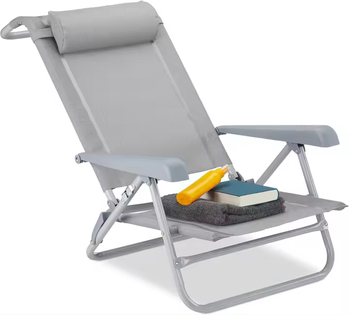Tumbona Plegable con Reposacabezas, Abrebotellas y Reposabrazos, Sintético-Acero, Gris - 1