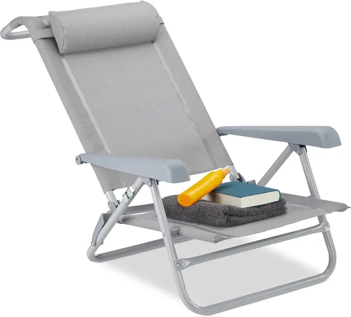 Tumbona Plegable con Reposacabezas, Abrebotellas y Reposabrazos, Sintético-Acero, Gris - 1