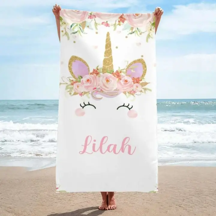 Toallas de baño con nombre personalizado, toalla deportiva de baño de playa con unicornio de dibujos animados para adultos y niños, cubierta de natación de secado rápido de microfibra - 1
