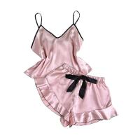 Pijama de satén liso para mujer, camiseta con cuello en V, pantalones cortos con lazo con volantes, conjunto de pijama sencillo y transpirable - details 7