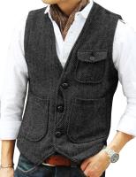 Chaleco informal para hombre, chaleco formal de tweed en espiga marrón con cuello en V, chaleco de lana, chaleco de negocios para padrino de boda y graduación - details 6