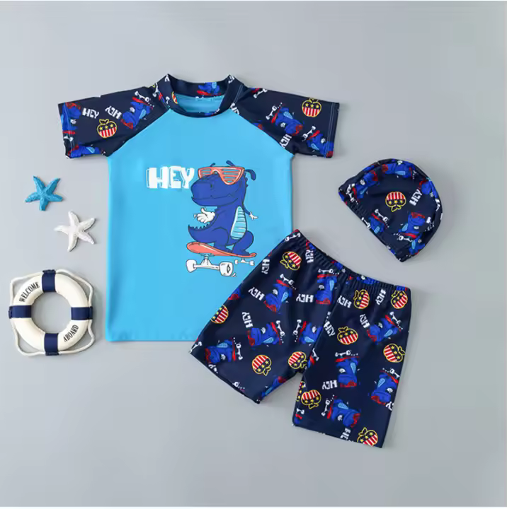 Bañadores de manga corta para niños, ropa de baño de secada, transpirable, con estampado de dibujos animados, 3 piezas - 1