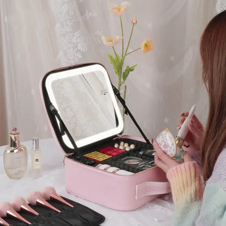 Bolsa de maquillaje LED inteligente con espejo para mujer, estuche de cosméticos de viaje profesional de cuero PU, impermeable, de gran capacidad, nuevo - 1