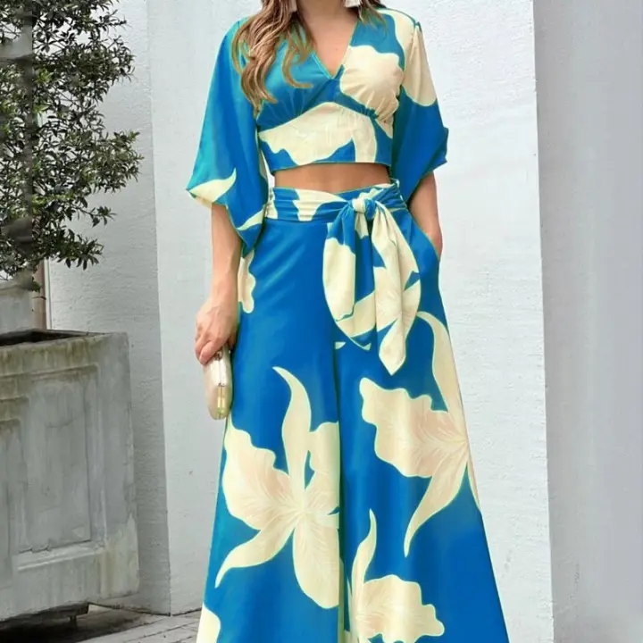 Conjunto informal de moda para mujer, Top corto con manga acampanada y cuello en V, pantalones de pierna ancha de cintura alta, primavera/verano - 1