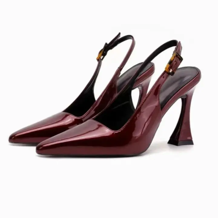 Borgoña sexy bolsa cabeza sandalias mujer s 2025 nuevo modelo correa trasera charol versátil tacón fino puntiagudo tacones altos mujeres - 1