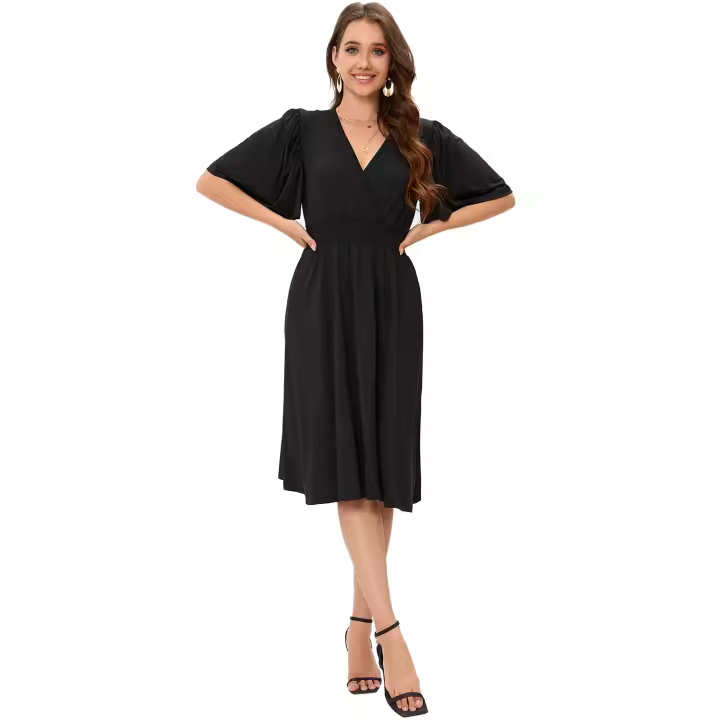 2025 primavera y verano europeos y americanos nueva ropa de mujer vestido negro vestido de viajero con cuello en V traje de moda - 1