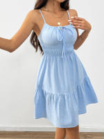 Elegante vestido de tirantes sin mangas de mujer cintura alta, falda media en letra a - details 4