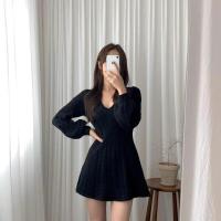 Falda corta de punto para mujer, ropa elegante de manga larga con cuello puntiagudo, usada, negra, invierno - details 31