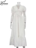 Vestidos elegantes de algodón blanco para mujer, ropa de manga corta con cuello en V y cordones, holgada hasta el tobillo, verano - details 3