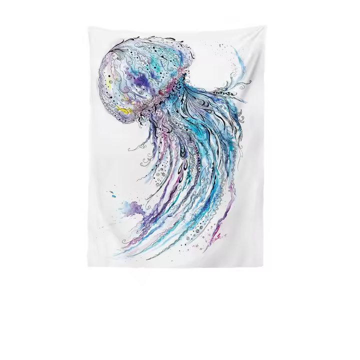 Tapiz de pared Medusa y colcha suave, dibujo creativo del tema marino de estilo animal estampado marino azul artístico, color lavable sin destilar, 60 x 40 pulgadas, morado - 1