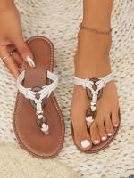 Chanclas planas de tela de talla grande con tiras finas para mujer, sandalias retro con hebilla y punta abierta para exteriores - details 4