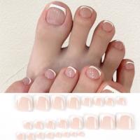 Juego De 24 Piezas Uñas Postizas De Acrílico Con Borde Blanco Y Flor Artísticas Para Pies Uñas Press on Removibles Para Fiestas - details 6