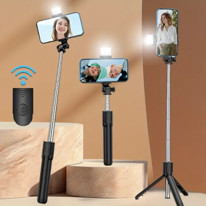 Bastón de selfie de almacenamiento integrado, trípode de teléfono móvil giratorio de 360 ​​grados portátil, para suelo/mesa, con control remoto inalámbrico para trípode de teléfono móvil - 1