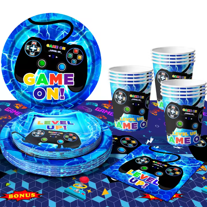 Decoraciones de cumpleaños para jugadores azules, juego de vajilla para fiestas de juegos, platos, vasos, servilletas, mantel, etc., suministros para fiestas de cumpleaños de videojuegos para niños/niñas, sirve 16 - 1