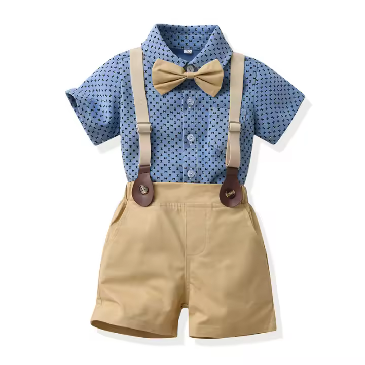 Conjunto de ropa de verano para niños, traje de lazo para fiesta de boda, traje de caballero con tirantes para niños - 1