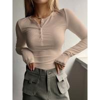Camisetas de manga larga para mujer, Tops de punto informales, ropa de calle de moda Y2K, camiseta de Color sólido con botones, Tops acanalados - details 7