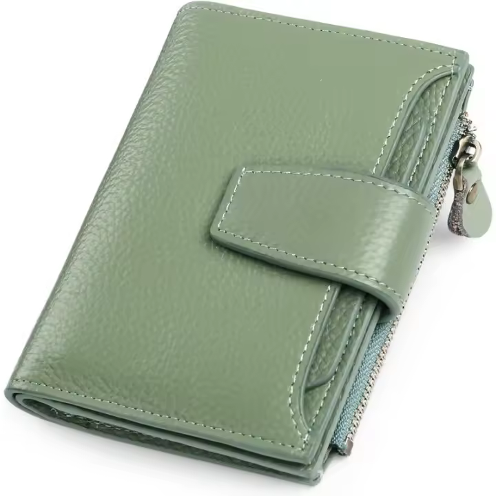 Monedero pequeño y compacto de piel con bloqueo RFID para mujer, con cremallera, bolsillo, tarjetero y ventana para identificación. - 1