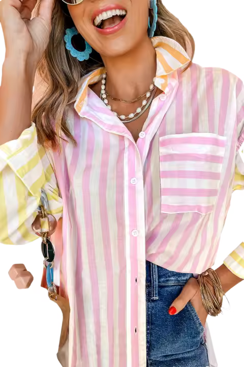 Elrachen Camisa de retazos con cuello en contraste a rayas de manga larga para mujer, rayas rosas, tallas S-XL - 1