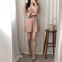 Vestido corto de punto para mujer, prenda elegante de manga larga con cuello de pico, ajustado, color negro, novedad de invierno - details 14