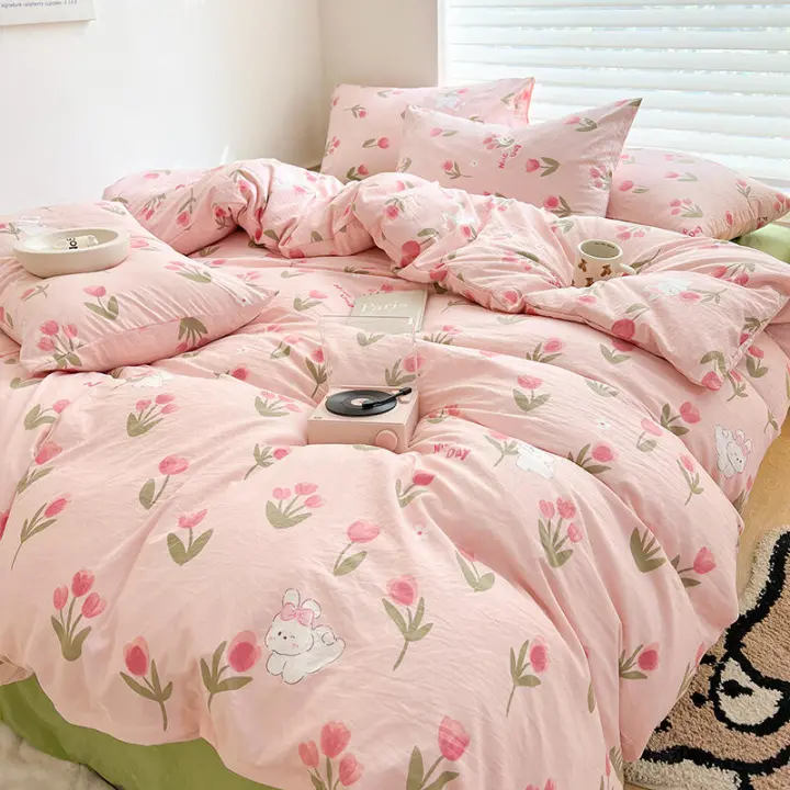 Juego de sábanas de tres piezas de algodón y lino con funda de edredón de dibujos animados, ropa de cama de cuatro piezas para dormitorio de estudiantes, hilo de doble capa Clase A - 1
