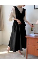 Vestido Largo de Cintura Alta y Adelgazante Moda de Primavera para Mujeres Cuello en V - details 0