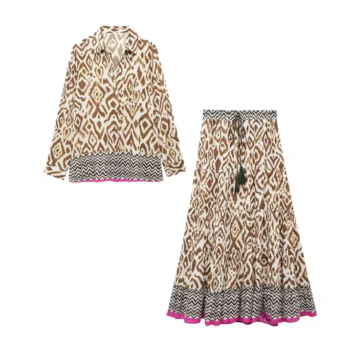 Conjunto de Moda para Mujer de 2 Piezas Camisa de Manga Larga con Botones Decorados - 1