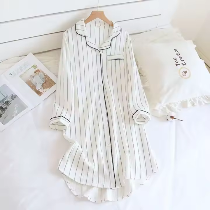 Ropa de dormir de algodón para mujer, camisón de manga larga, albornoz de talla grande, camisa para dormir con botones a rayas, vestidos de noche, ropa de descanso, bata de baño - 1