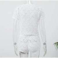 Conjunto de camisa de punto con cuello redondo para mujer, traje elegante de ganchillo con agujeros, pantalones cortos de cintura alta, trajes de vacaciones para mujer, verano - details 2