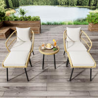 Juego de salón de jardín de 5 piezas, compuesto por 1 mesa de comedor, 2 sillas, 2 taburetes, muebles, ratán, naturaleza - details 1