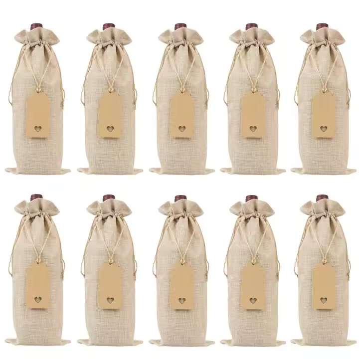 Bolsas de arpillera para vino, bolsas de regalo con cordones, cubiertas reutilizables individuales para botellas de vino con cuerdas y etiquetas, 10 piezas - 1