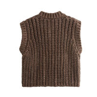TRAFZA-suéter sin mangas con cuello redondo para mujer, cárdigans holgados e informales de una sola botonadura, color liso, a la moda, otoño, 2024 - details 2