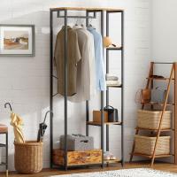 Perchero de ropa Burro, perchero doble de pie con estantes y cajón, perchero de madera 3 en 1 con 4 niveles para dormitorio - details 7