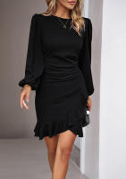 Vestido de manga burbujeante con temperamento 2025 para mujer, ropa de otoño e invierno, color sólido - details 0