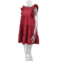 Falda larga plisada para mujer, manga de hoja de loto, cuello redondo, color sólido, lindo vestido de verano, nuevo - details 9