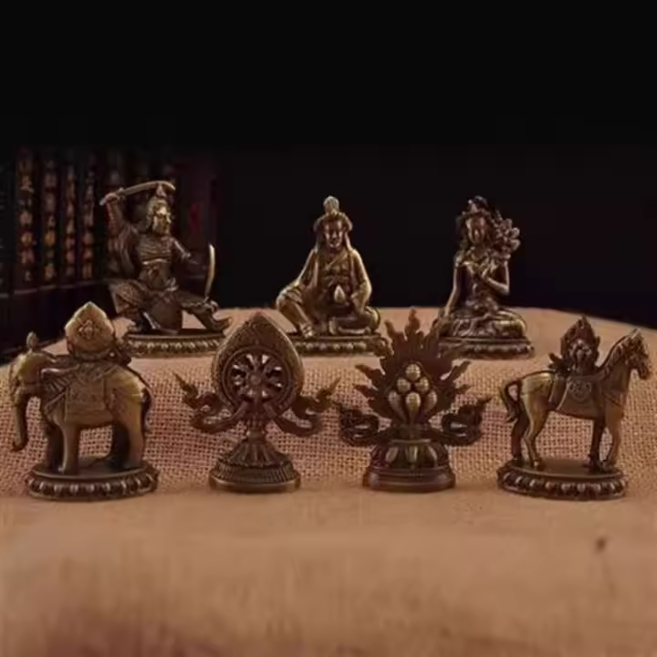 Rueda de aleación de cobre pintada tántrica tibetana, combinación de siete tesoros, tamaño de adorno decorativo - 1