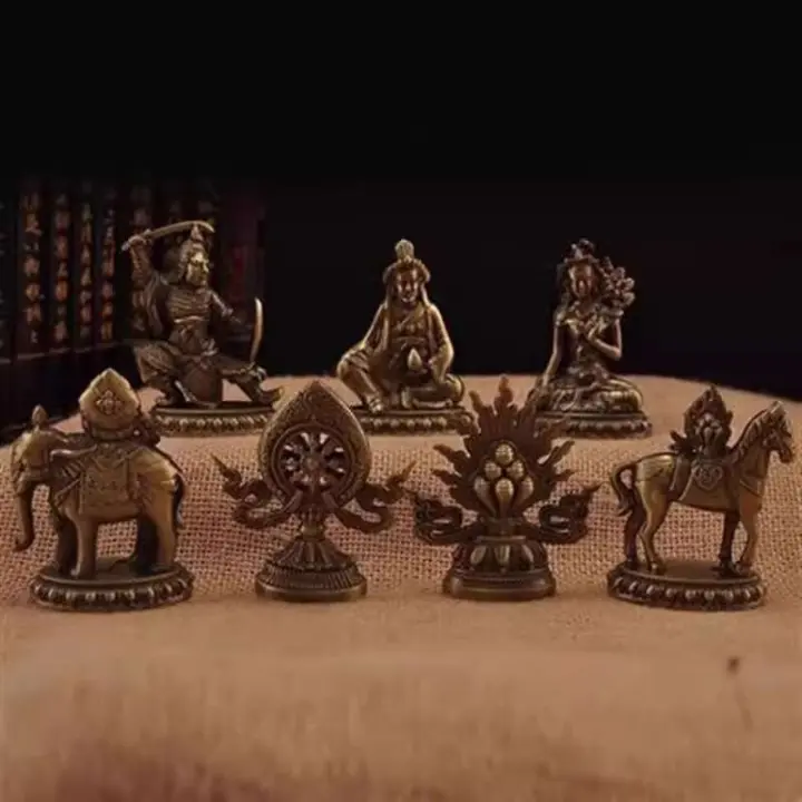 Rueda de aleación de cobre pintada tántrica tibetana, combinación de siete tesoros, tamaño de adorno decorativo - 1