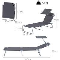 Silla Plegable para Jardín Desmontable, Regulable, Reclinable, para Jardín, Balcón, Acampada al Aire Libre 187x58x36 cm, Gris - details 4