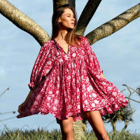 Vestido corto de vacaciones de playa de rayón informal suelto con lazo floral para mujer de moda de verano - details 50