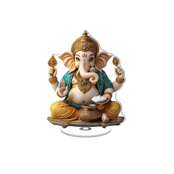 Figura acrílica giratoria con un humorístico Ganesha con un tronco dorado y diademas turquesas que equilibran una olla de leche en el vientre. - 1