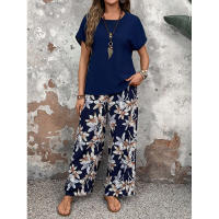 Conjunto de dos piezas de verano, suéter holgado versátil con cuello redondo estampado, atuendo informal para mujer - details 20