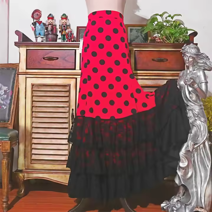 Flamenco Flamengo baile nueva falda estampada punto ondulado de una capa con volantes - 1