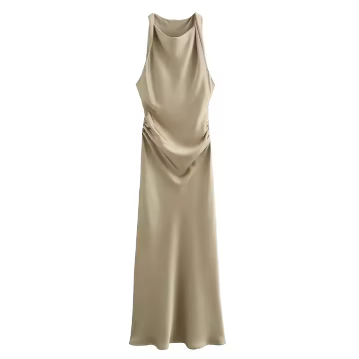 Vestido largo plisado sin mangas para mujer, prenda de seda con textura satinada, cuello redondo, elegante y a la moda. - 1