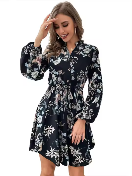 Elegante Vestido de Manga Larga para Mujer Primavera Otoño 2025 Cuello en V Estilo Coreano Grueso - 1