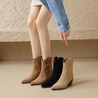 Botas cortas de tacón grueso retro de cuero suave nuevas botas individuales delgadas mate de tacón medio botas de vaquero occidentales puntiagudas - details 2