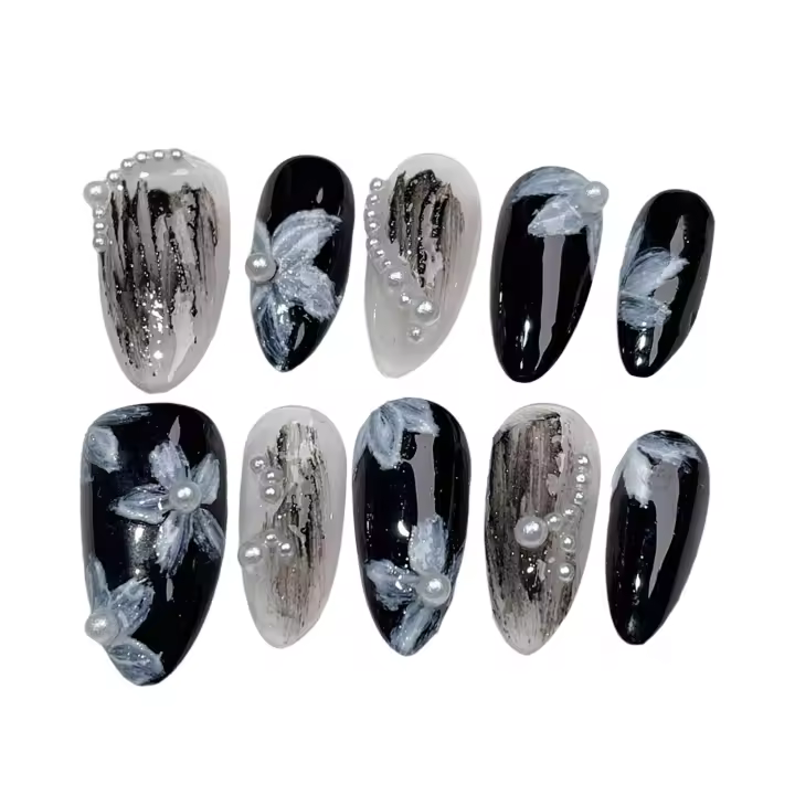 Uñas postizas de presión hechas a mano con diseño de perlas y flor para mujer, uñas postizas desmontables para manicura DIY - 1